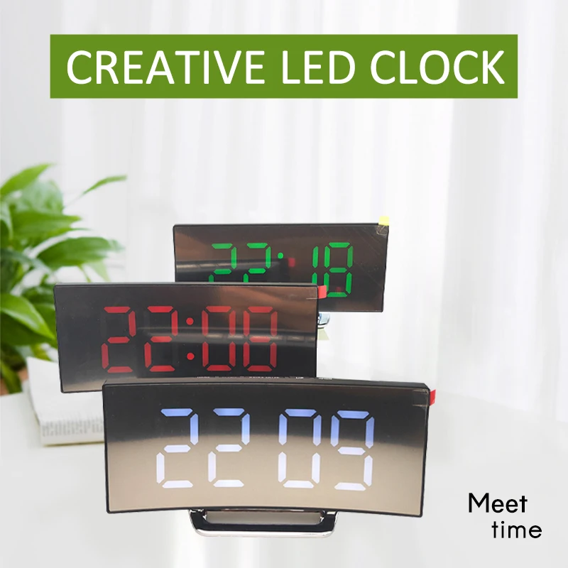 Curved LED Screen Alarm Clocks Digital Alarm Clock Desk Table Clock for Kids Bedroom Temperature Snooze Function Home Decor