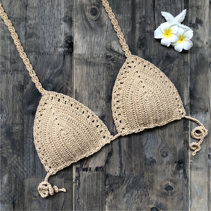 Handmade Crochet Women Bikini Top Boho Beach Bralette Halter Knitted Swimsuit Brazilian Bikinis Bathing Suit Top