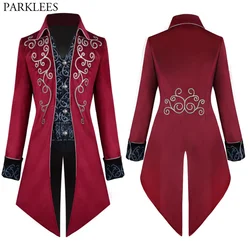 Mens Vintage Red Steampunk Gothic Jacket Victorian Tailcoat Steampunk Halloween Uniform Costume Stage Cosplay Prom Trench Coat