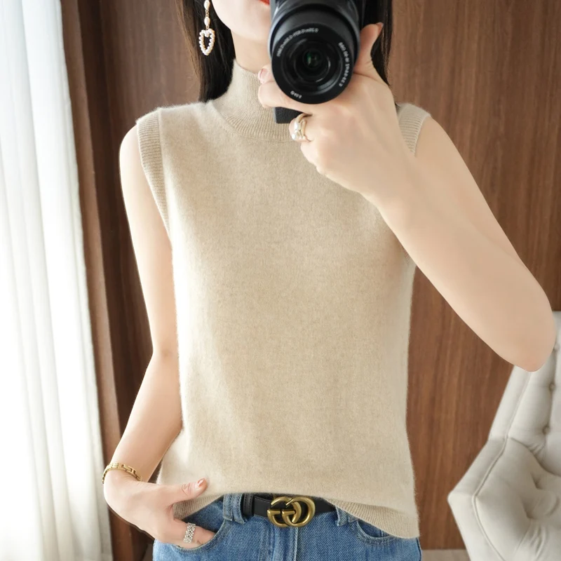 Half High Neck Knitted Vest Women's Spring, Autumn Winter New Style Sleeveless Sexy Wool Self-Cultivation Solid Color  Bottoming