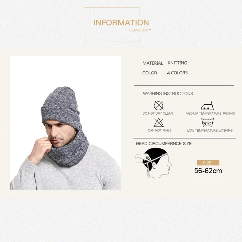 Ensemble écharpe pour hommes, chapeaux chauds et épais, chapeaux tricotés, accessoires d\'hiver, bonnet masculin, bonnet masculin, bonnet de