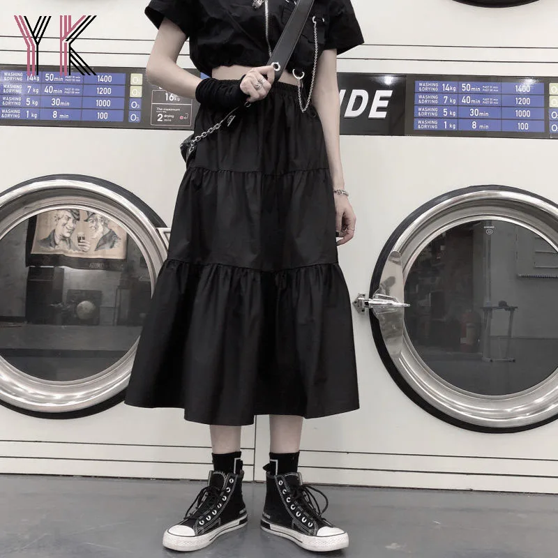 

Harajuku Spring Summer Women Midi Skirts High Waist Pleated Female Saias Korean Ulzzang Streetwear Goth Elegant Long Skirts 2021