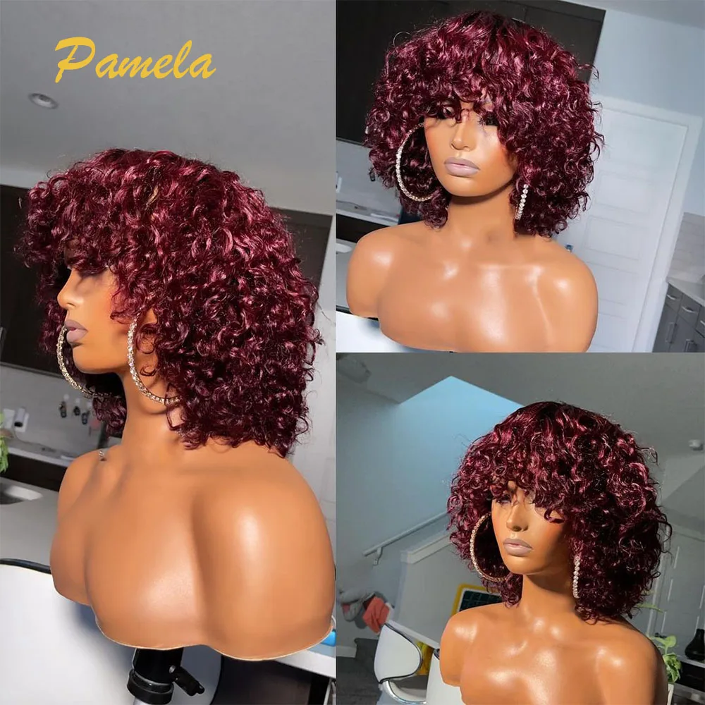 Parrucca Glueless per capelli umani color bordeaux con taglio a Pixie corto riccia pronta da indossare parrucca anteriore in pizzo 13x4 con densità