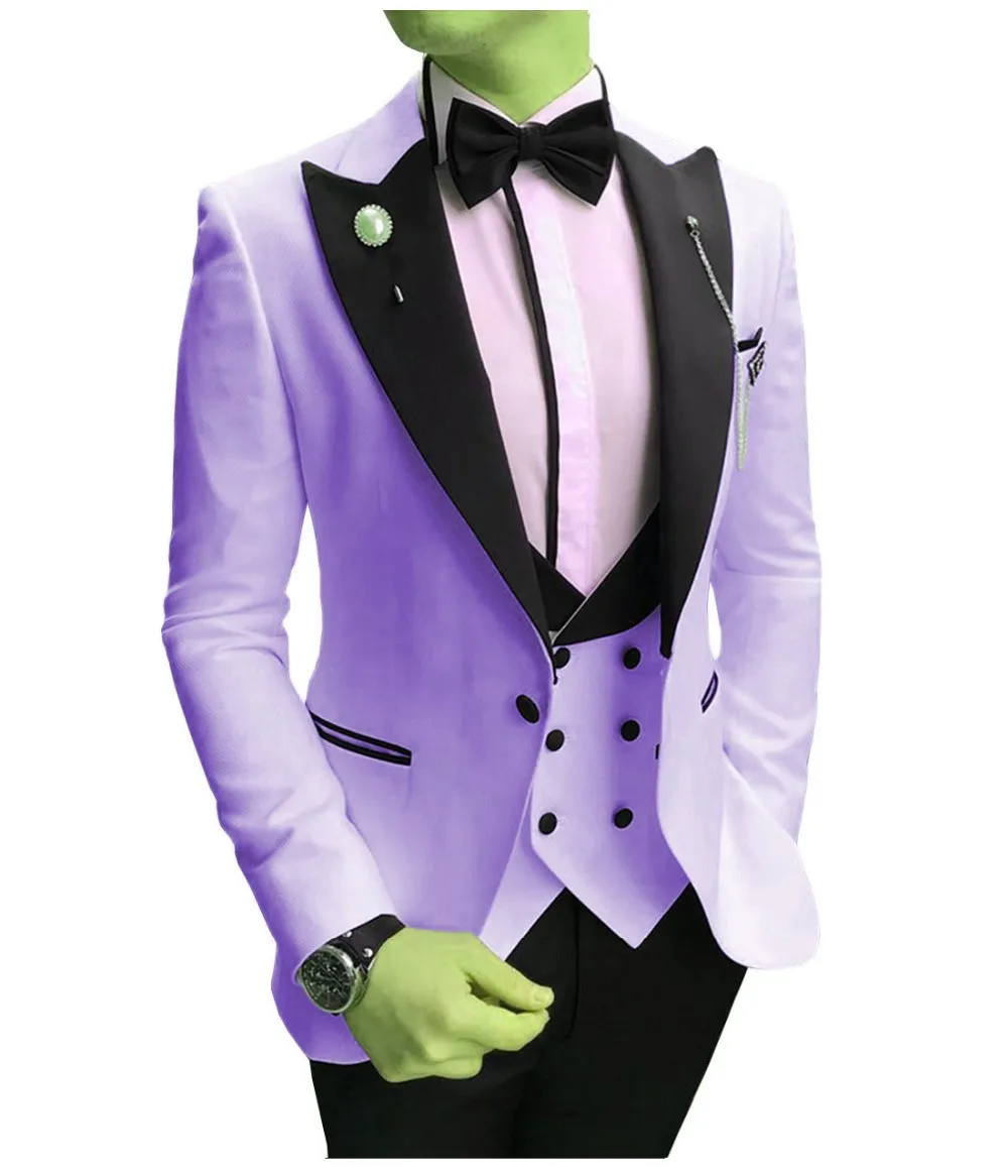 

Custom Made Men Suits Lilac and Black Groom Tuxedos Peak Lapel Groomsmen Wedding 3 Pieces ( Jacket+Pants+Vest+Bow Tie ) D248