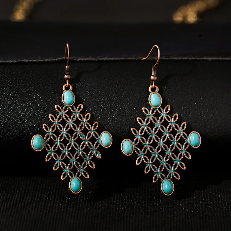 Vintage Retro Rhombus Grid Hollow Geometry Earrings Womens New Boho Bohemian Earrings Tibetan Jewelry