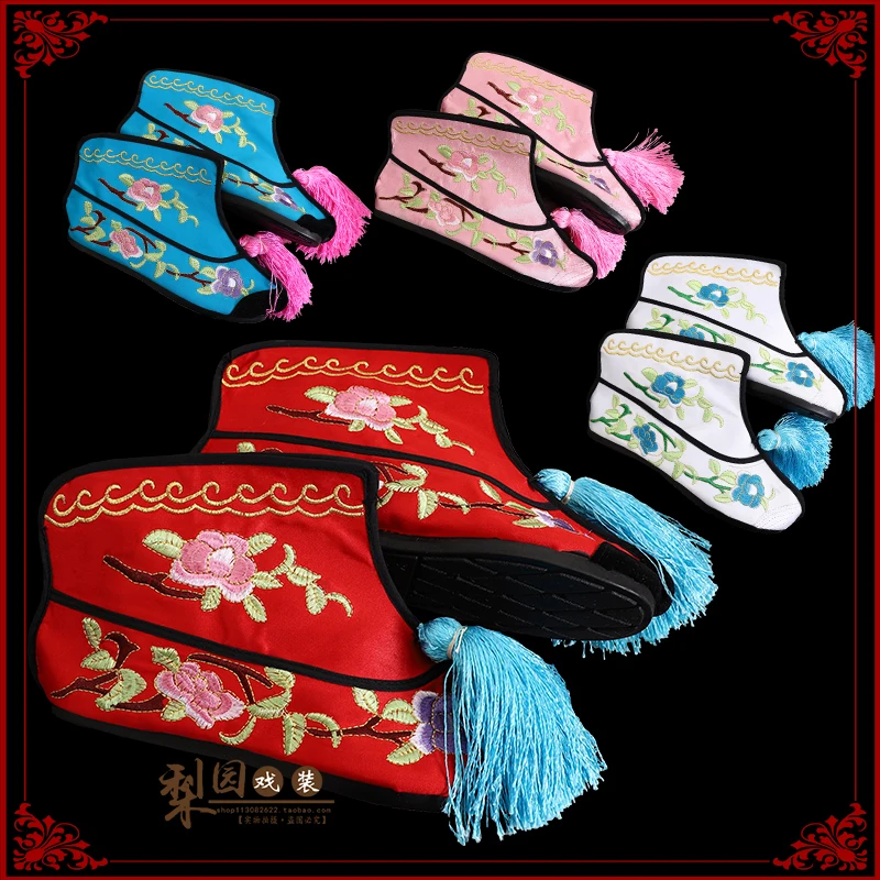 Chinese Drama opera antique shoes Beijing Yue opera women's flat bottomed embroidered color fast Wudan war Short boots Lady