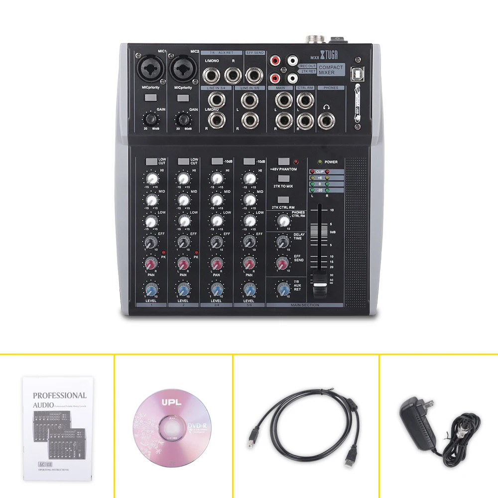 XTUGA 8 Canali 3-Band EQ Mixer Audio Mixing Console con USB XLR LINEA di Ingresso 48V Phantom Power per La Registrazione DJ Della Fase