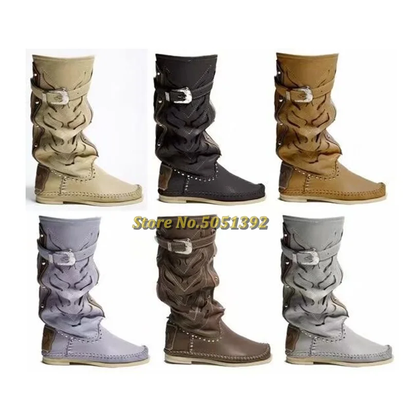 Flat Round Toe Belt Slouchy Boots Slip On Rivet Rome Mid-Calf Boots Winter Runway Leather Solid Sewing Thread Fashion Boots