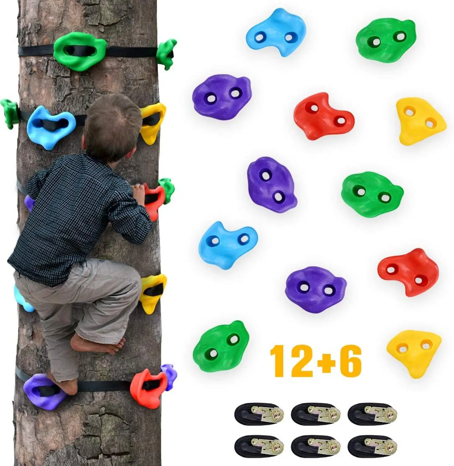 

12 Tree Climbing Holds for Kids Climber, Adult Climbing Rocks with 6 Ratchet Straps for Outdoor