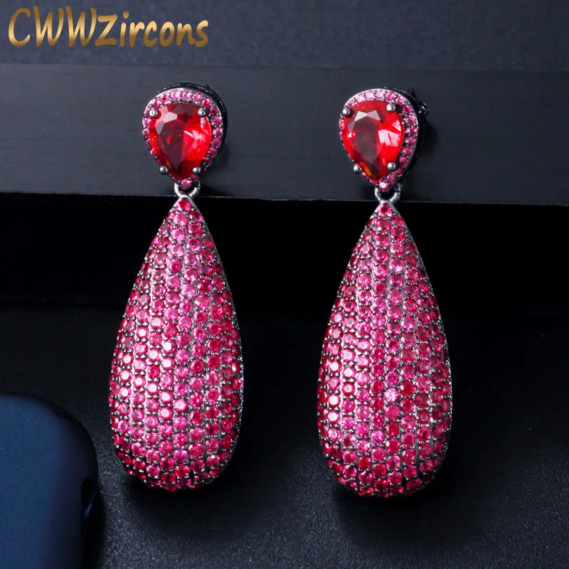 CWWZircons Luxury Micro Cubic Zirconia Paved Unique Black Gold Color Hot Pink Red Big Dangle Drop Party Earrings for Women CZ592