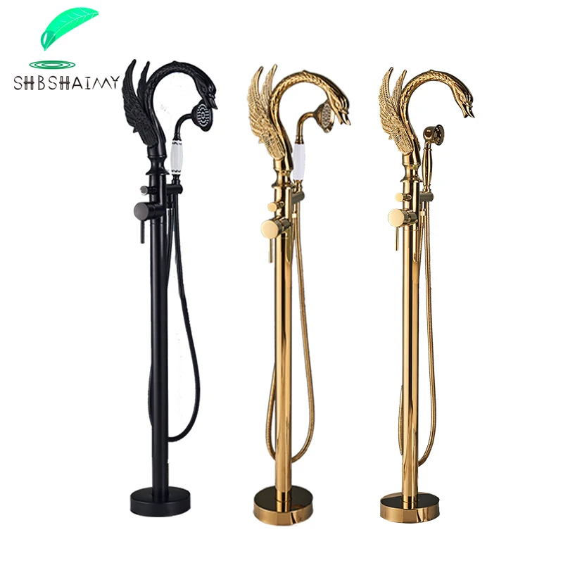 Golden Swan Freestanding Bathtub Faucet Tub Floor Mount Bathroom Faucets Brass Single Handle with Hand Shower High Flow Ration