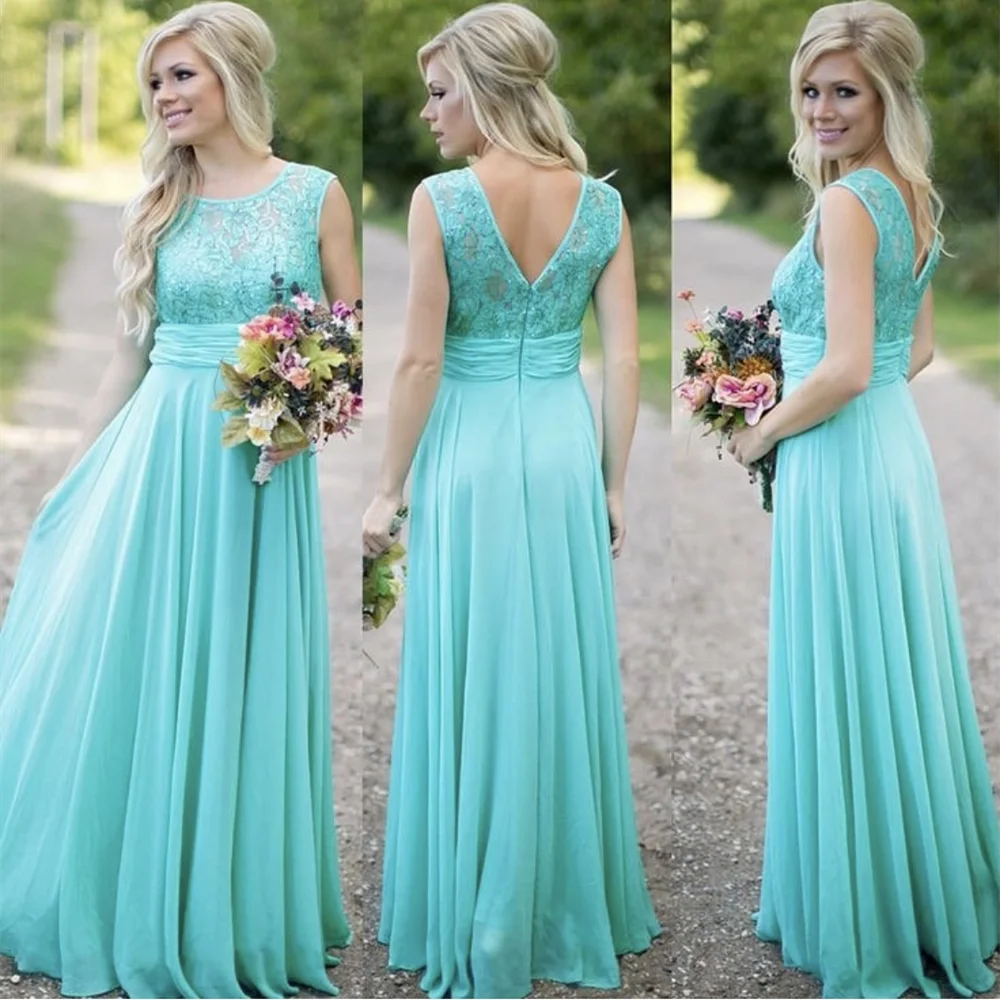 Mint Green Bridesmaid Dress O-Neck Lace Appliques Backless Floor Length Charming Formal Wedding Evening Gown Tailor-Made New