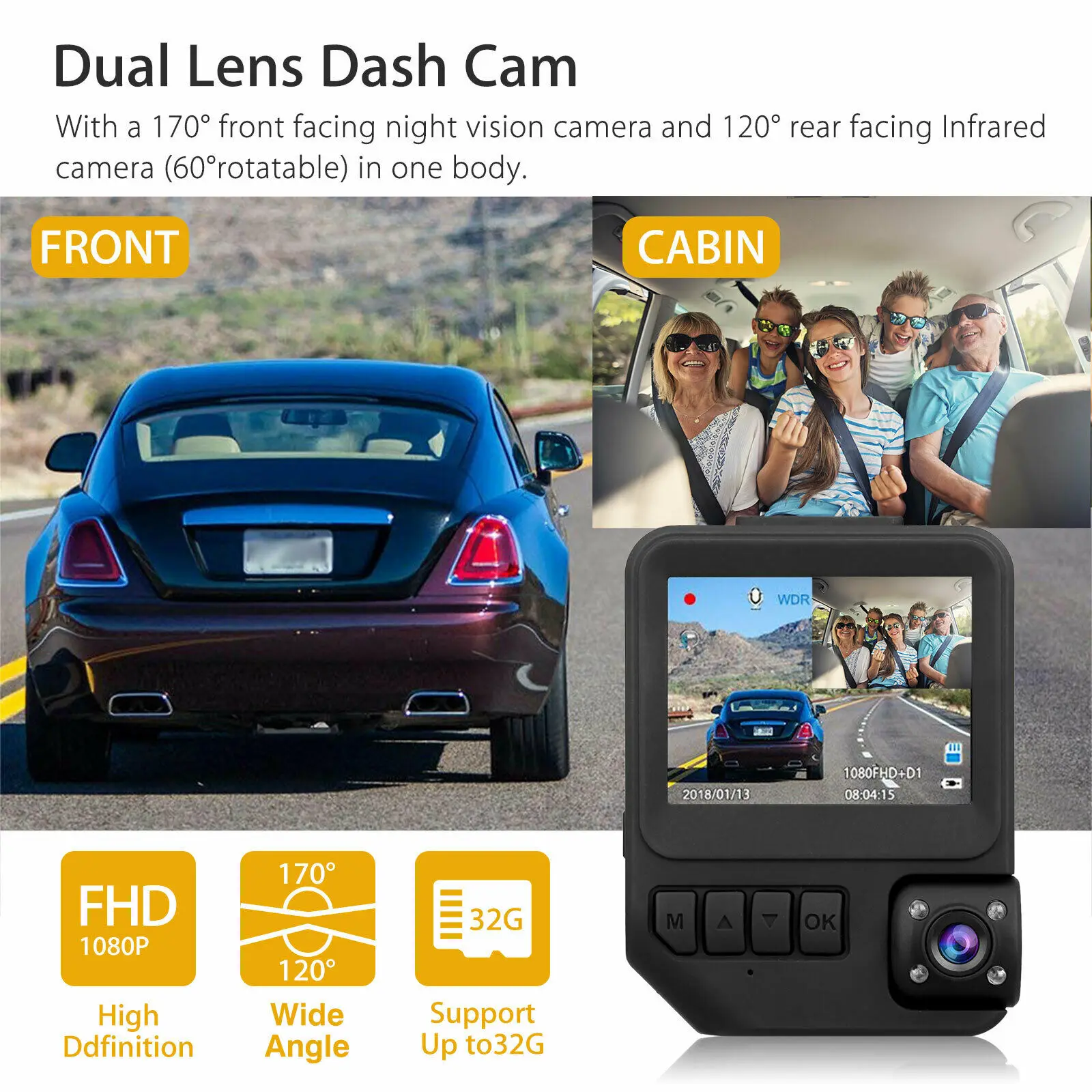 HD 1080P Car DVR Camera Dual Lens Dash Cam for Cars Video Recorder Rear View Camera with G-Sensor Night Version Car Dashcam DVRs