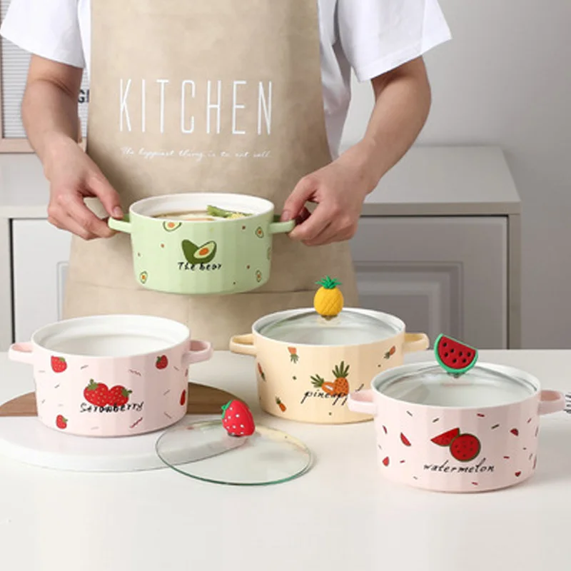 

High Capacity Instant Noodle Bowl Home Kitchen Ceramic Tableware Fruit Salad Fast Food Bowl Food Container With Glass Cover