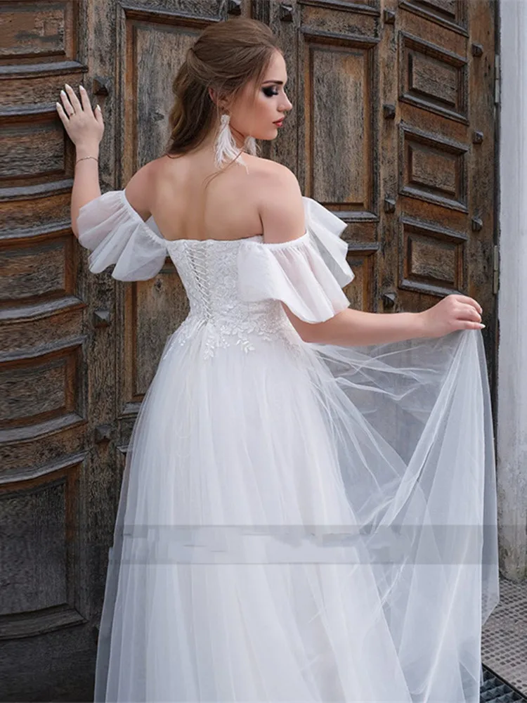 Sweetheart abito da sposa bianco Appliques di pizzo alto spaccato Organza Cap maniche abito da sposa lungo fino al pavimento Robe De Mariee nuovo arriva