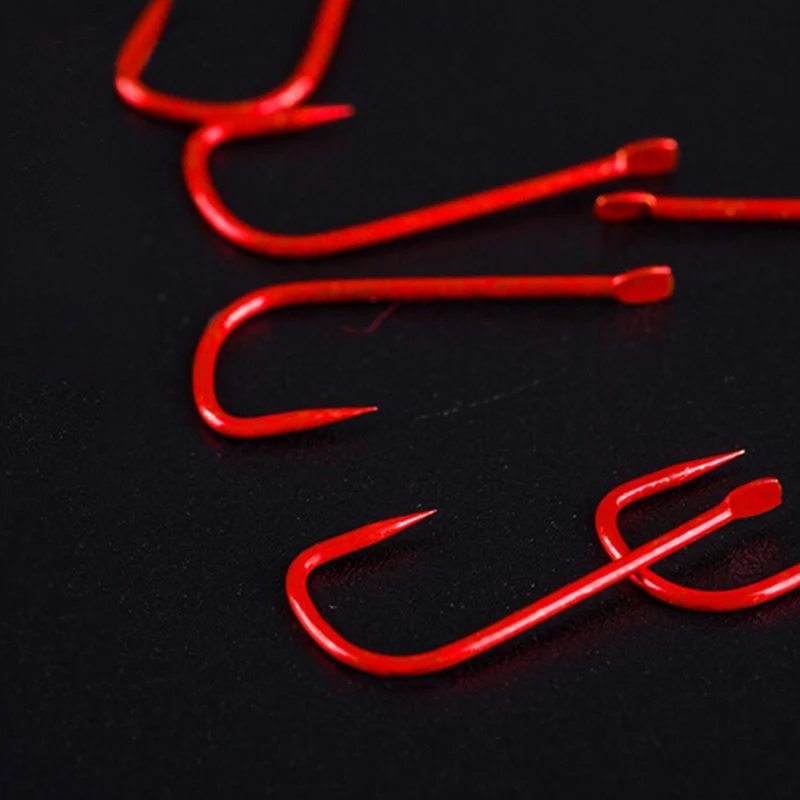 DYGYGYFZ 11Pcs/set Red Barbed Barbless Hooks Fishing Hooks #1-#8 High Carbon Steel Carbon Red Bait Holder Fish Hook Set