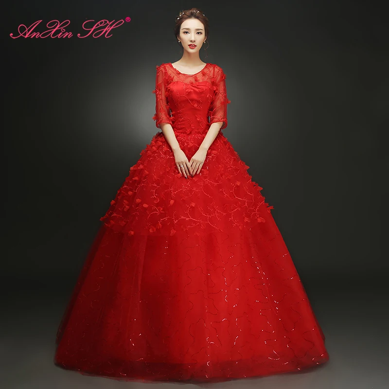 Anxin sh flor vermelha vestido de casamento do vintage o pescoço flor laço meia manga ilusão princesa laço vermelho vestido de casamento vermelho