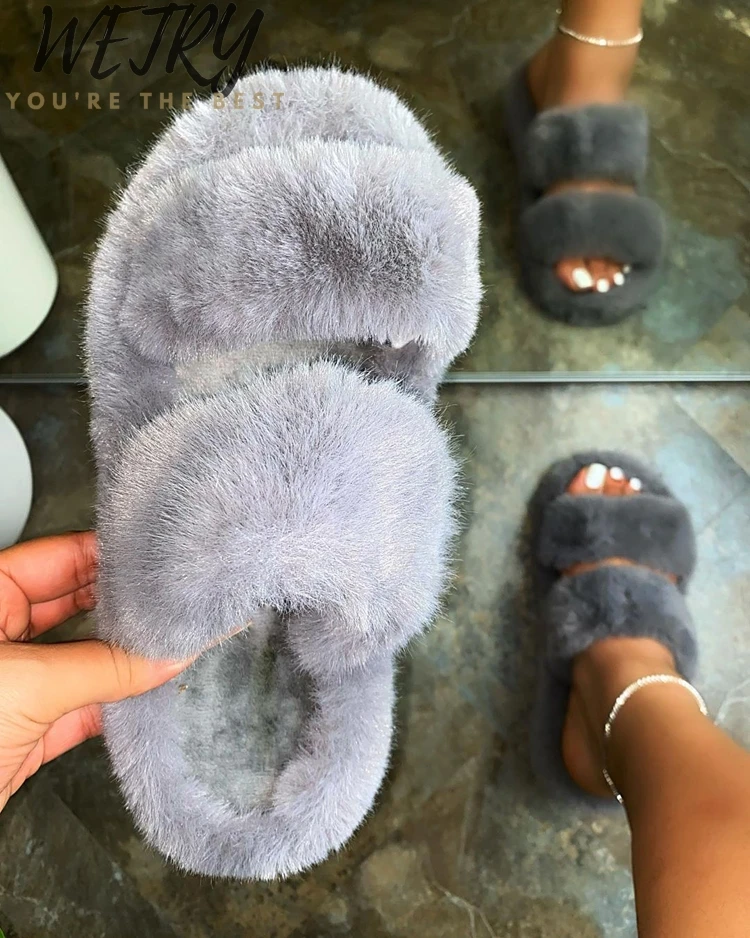 2020 Women Shoes Autumn Plush Slippers Flat Open Toe Solid Color Fashion Comfortable Plus Size 40