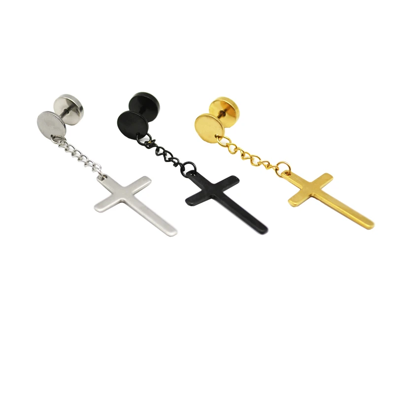 Cross Earring Punk Gothic Stainless Steel Stud Round Fake Ear Taper Dumbbell Fashion Women Men Rock Jewelry Wholesale