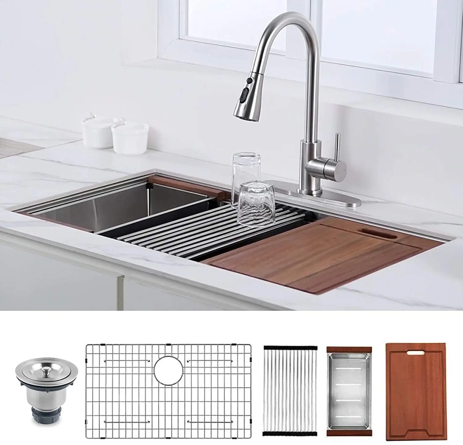 

Рабочая станция для кухонной раковины с нижним креплением, 30x19x9 дюймов, калибр 18, раковина из нержавеющей стали, современная кухонная раковина с одной чашей