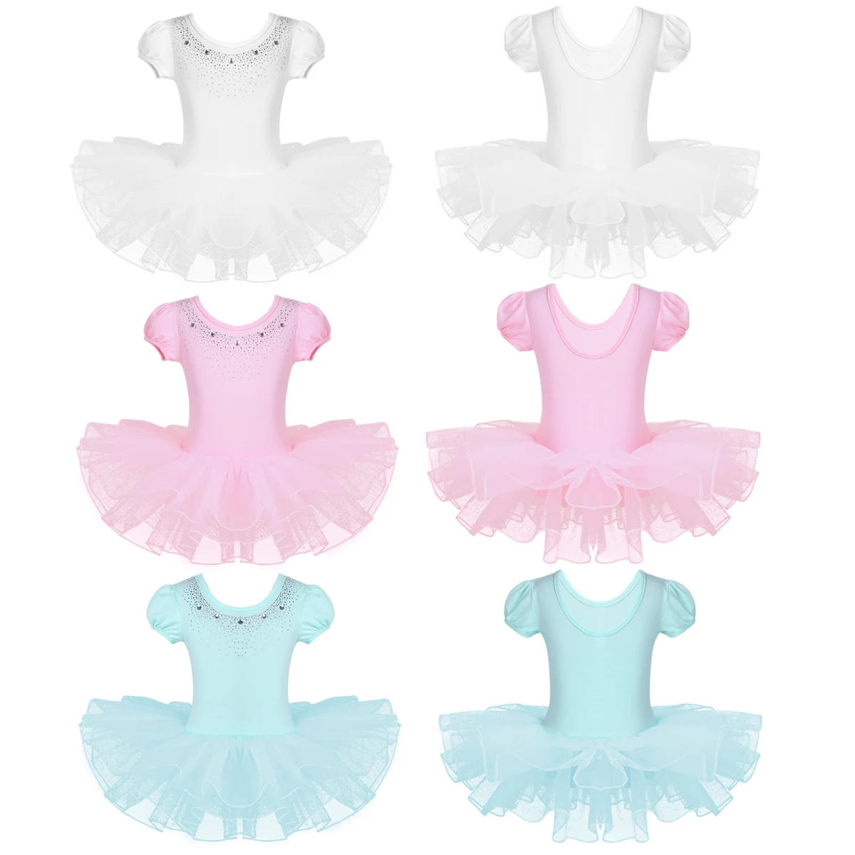 Gymnastics Leotard Girls Ballerna Tutu Dress Kids Mesh Dancewear Short Bubble Sleeves Sparkly Rhinestones Ballet Dance Dress