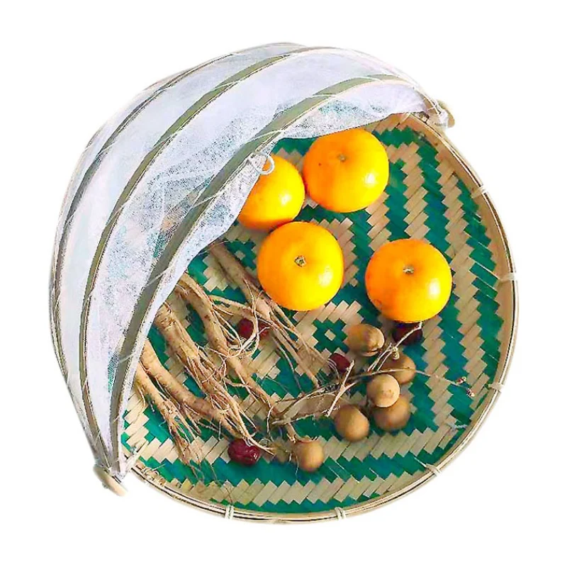 1Pc Hand Woven Bug Proof Basket Dustproof Kithen Picnic Basket Handmade Fruit Vegetable Bread Cover Wicker Basket With Gauze