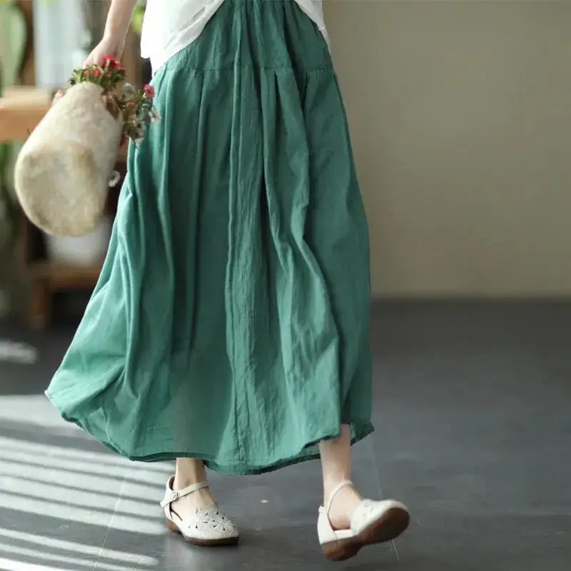 2023 Retro Double-Layer Loose Cotton Linen Skirt Ladies Fashion Big Skirt Spring Summer Solid Color Long Casual Skirts Female