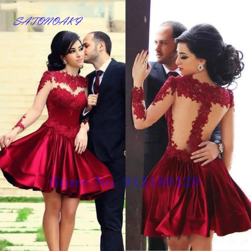 Burgundy 2021 Homecoming Đầm Chữ A Cổ Cao Dài Tay Appliques Ren Thanh Lịch Cocktail Ngắn Áo Vestidos De Fiesta