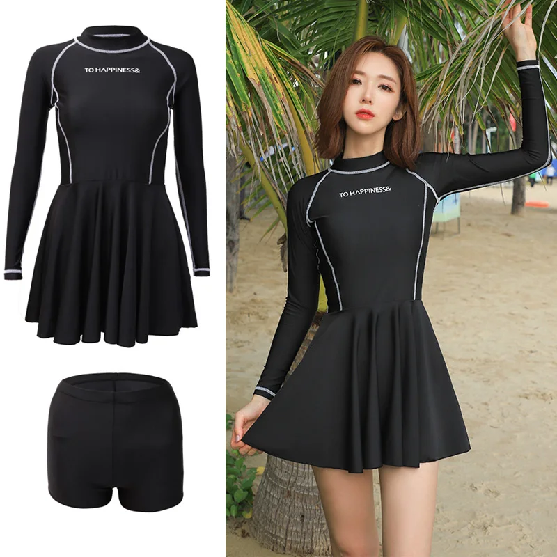 Women's Long Sleeve Rash Guard UV Sun Protection Two Piece Swimsuit Surfing Bathing Suit Skirt Swimdress Body Suit