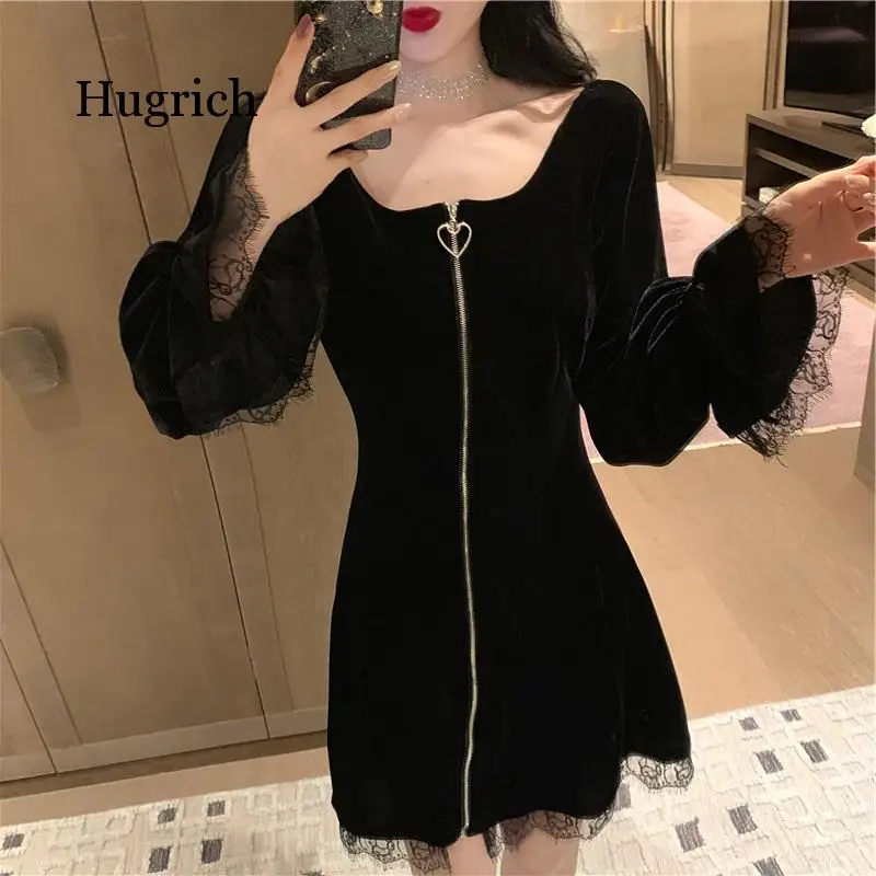 Velvet Romantic Vintage Black Women Lace Elegant A-Line High Waist Dress Pleated Retro Party Wear