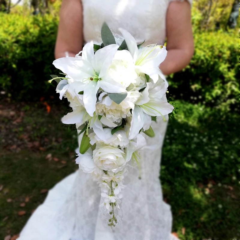 2021 New Whitney Wedding Bouquet Collection Cascading Style White Rose Petal Waterfall Bridal Bouquet lily bridal bouquet