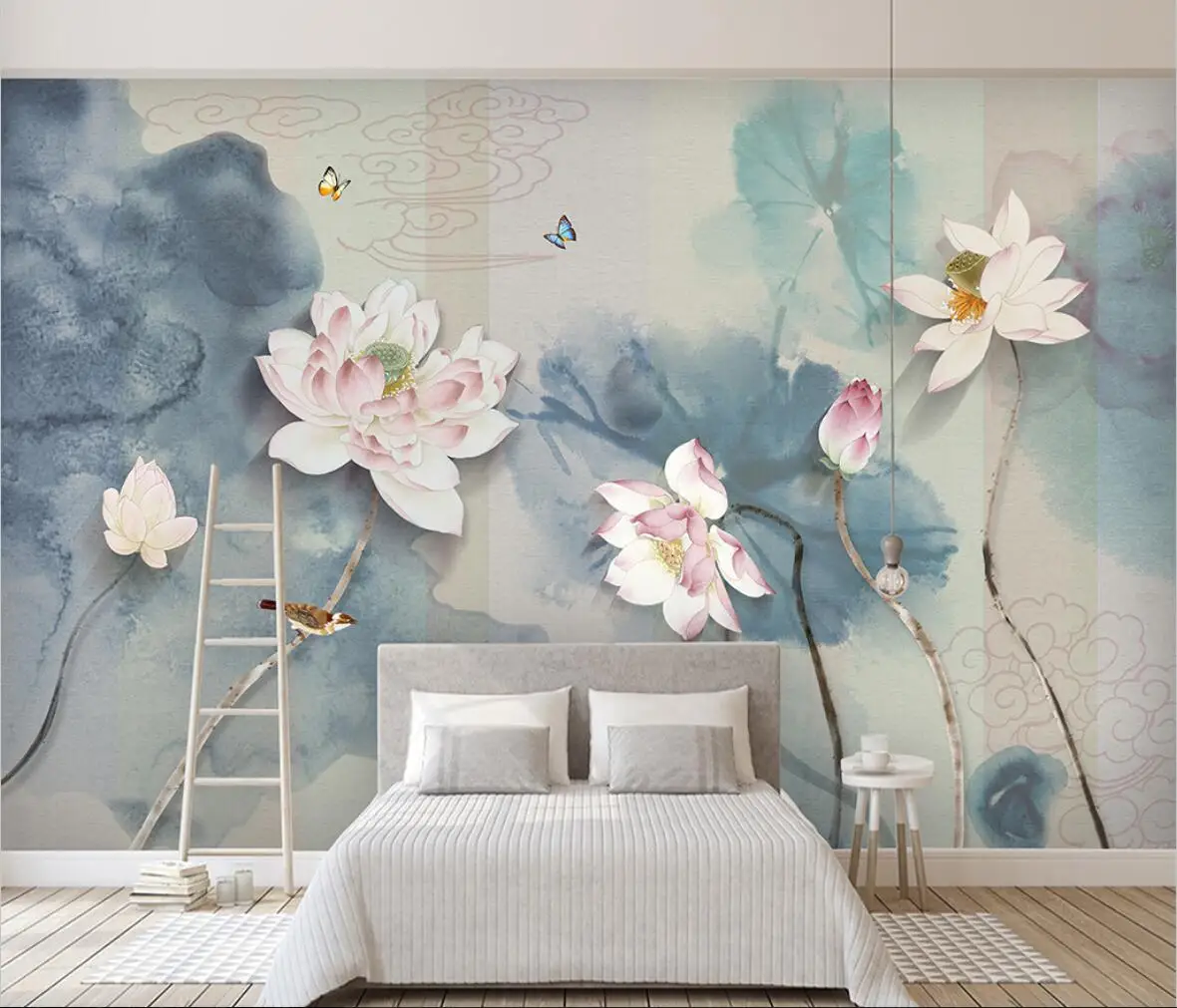 Custom Bedroom Wallpapers for Living room decoration art wall paper home decor Unique 3D Lotus Flower And Bird Wallpaper bedroom