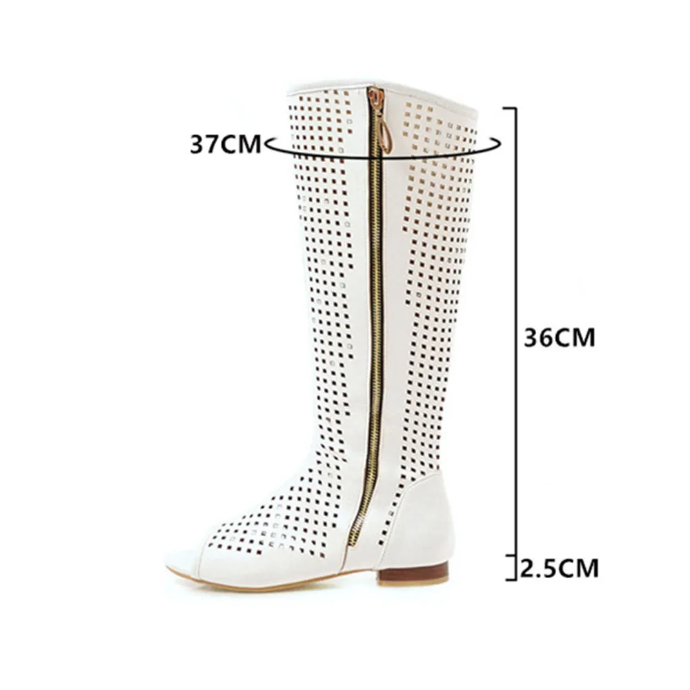 Fashion Women Flats Knee High Summer Boots Peep Toe Square Heels Fretwork Party Shoes Retro Rome Sexy Ladies Footwear Size 34-43