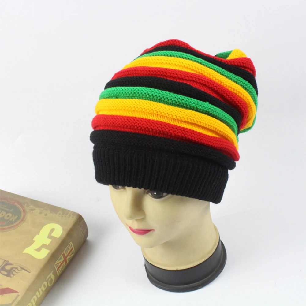 Men Knitted Beanie Cap Rainbow Jamaica Flag Baggy Skull Hat Winter Warm Colorful Stripes Men\'s Hat 2023 New Autumn Men\'s Caps