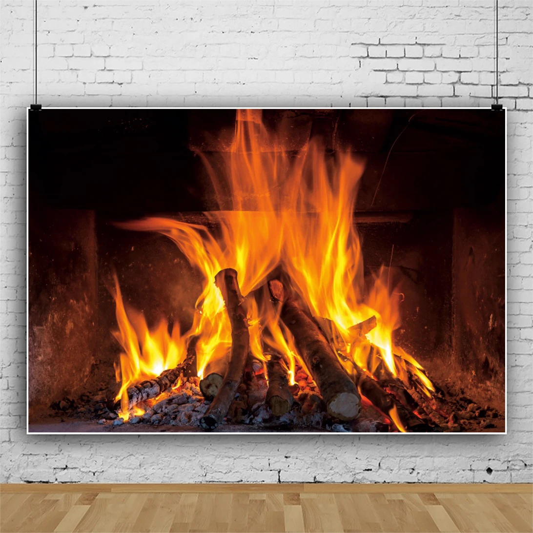 Laeacco Burning Flame Fire Wood Winter Fireplace Poster Family Photo Photocall Background Child Photography Backdrop Photostudio