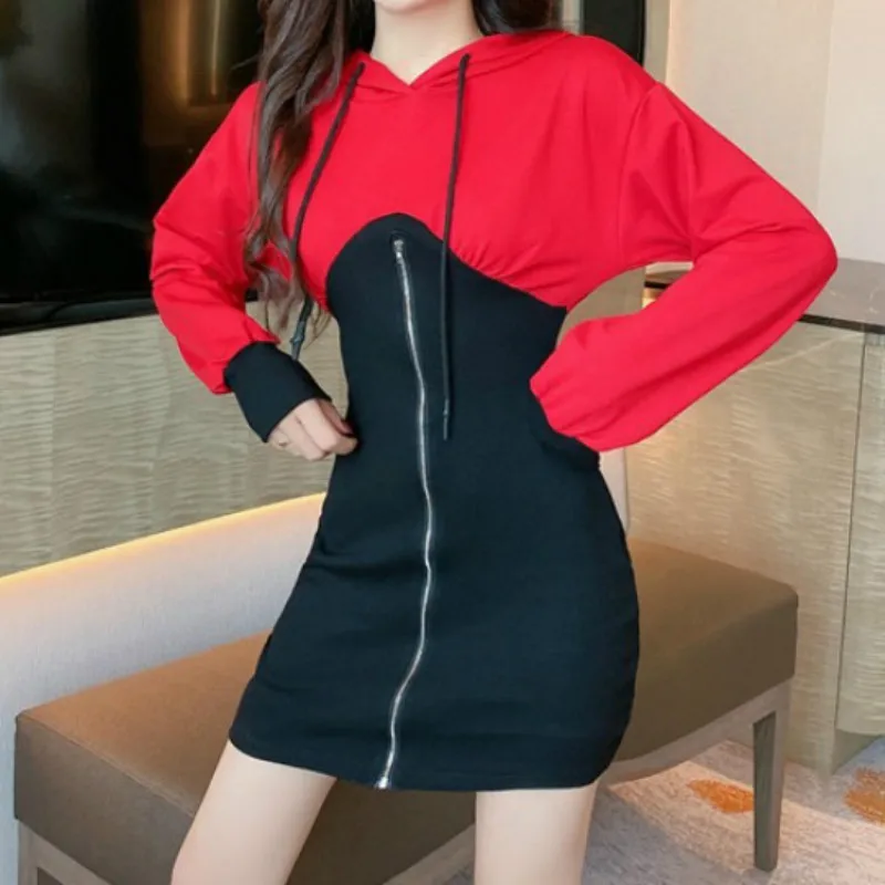 

2023 Fall Women Korean Hooded Fake Two-piece Knitted Package Hip Dress Female Preppy Style Lantern Sleeves Waist Hit Color Dress