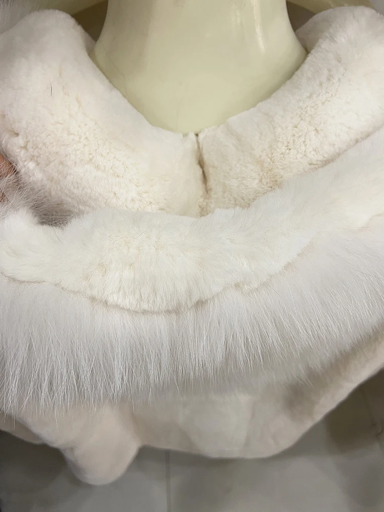 المرأة سيدة شتاء دافئ لينة الصلبة رمادي أبيض سميكة الدافئة ريال ريكس الأرنب الفراء مقنعين ريال فوكس الفراء ملابس خارجية 75 سنتيمتر طول