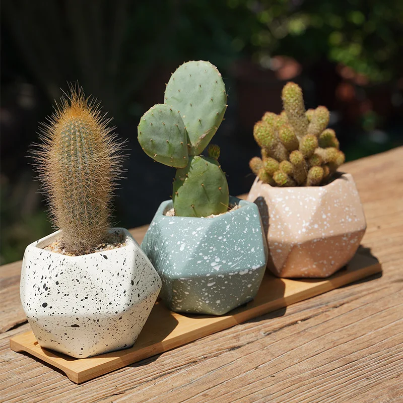 Succulent Flowerpot Nordic Creative Diamond-shaped Flower Pot With Wood Tray Flower Potted Desktop Garden Decor Flower Vase