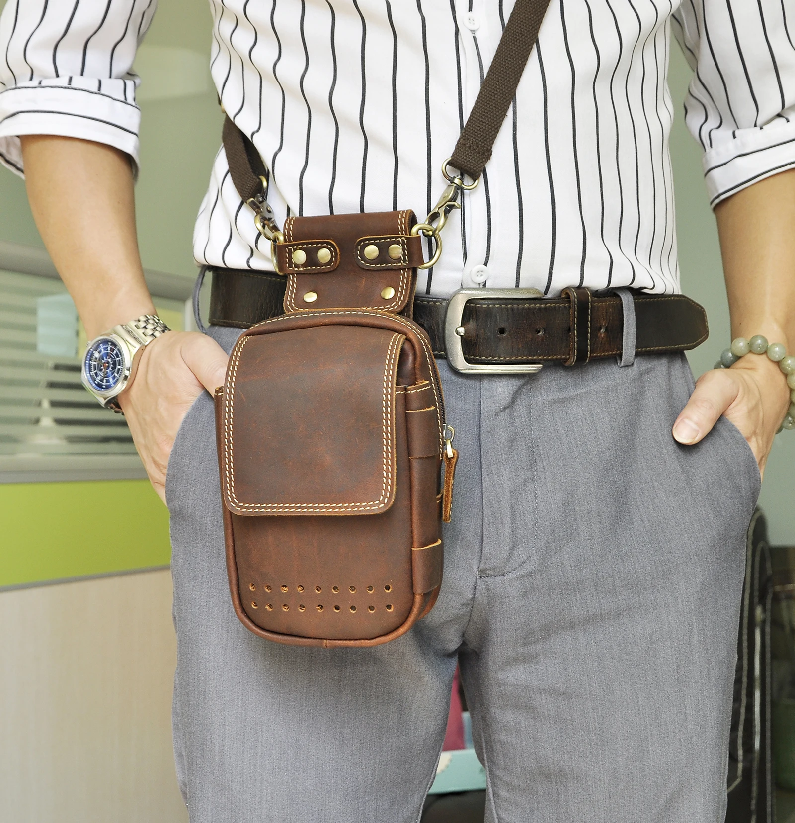 Fashion Crazy Horse Leather Travel Small Pouch Cross-body Bag Cigarette Case Phone Pouch Design Fanny Waist Belt Bag Pack 832-d