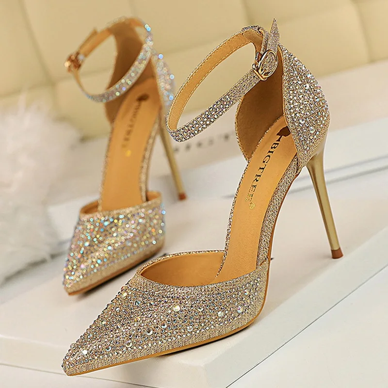 BIGTREE Shoes Shiny Rhinestones High Heels Ladies Shoes Women Pumps Stiletto Sweet Women Heels Wedding Shoes Women Sandals 10 Cm