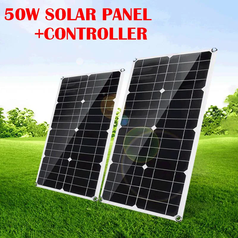 50W Solar Panel Dual USB Output Solar Cells Poly Solar Panel 10/20/30/40/50A Controller for 12V/24V Battery Charger Waterproof