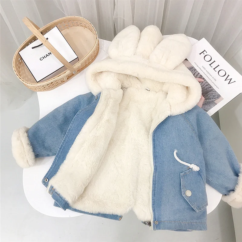 Girls Boys Coat Jacket Plus Velvet Thicken 2023 Fur Jean Warm Winter Outerwear Christmas Gift Cotton Fleece Kids Children\'s Clot