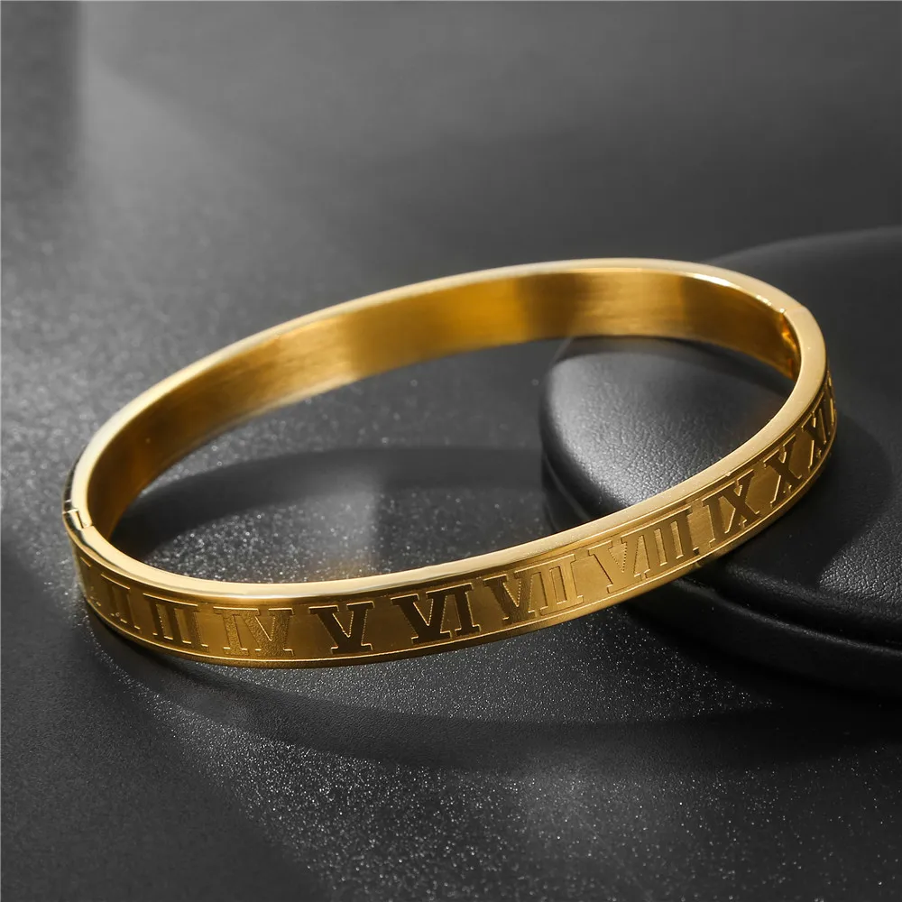 Big Size Men Women Stainless Steel Gold Color Open Bangle Roman Numeral Lover Cuff Bracelet Bangle For Men Wedding Jewelry Gift