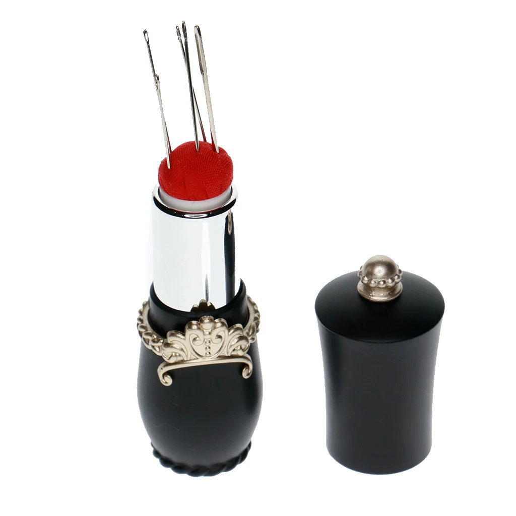 Retractable Lipstick Design Needle Pin Cushion Holder with 5pcs Sewing Needle