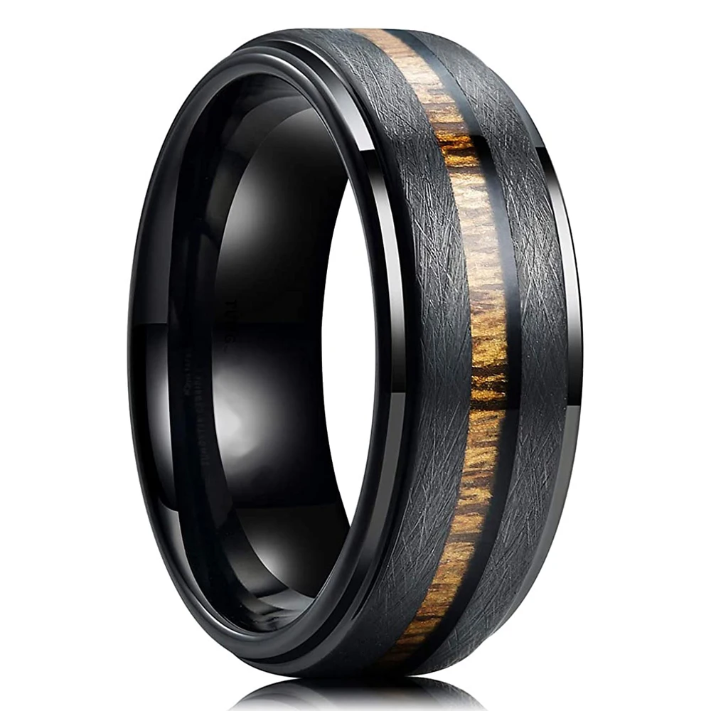 Fashion 8mm Black Tungsten Wedding Ring For Men Women Koa Wood Inlay Steel Engagement Rings Punk Men\'s Anniversary Jewelry Gifts