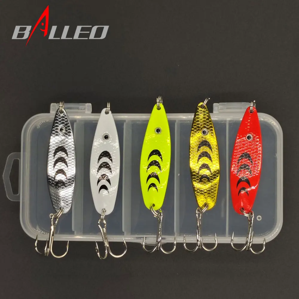 Balleo 5PCS/Spoon Lure Metal spinner Lure Kit Set 6g Fishing spinner lure Sequins with Box Treble Hooks Fishing Tackle hard Bait