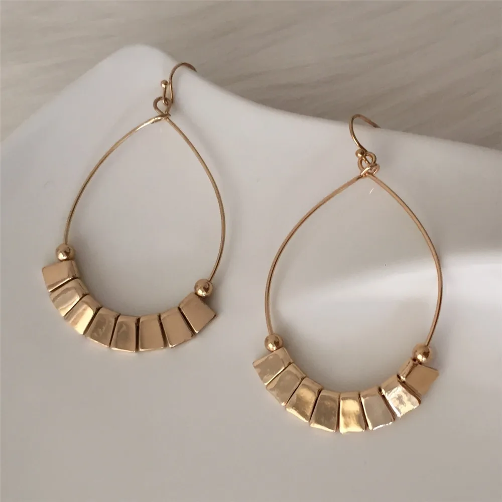 New Fashion Ethnic Style Water Drop Shape Dangle Earring Gold Color Hoop with Small Bead and Zinc Piece Charm Earrings