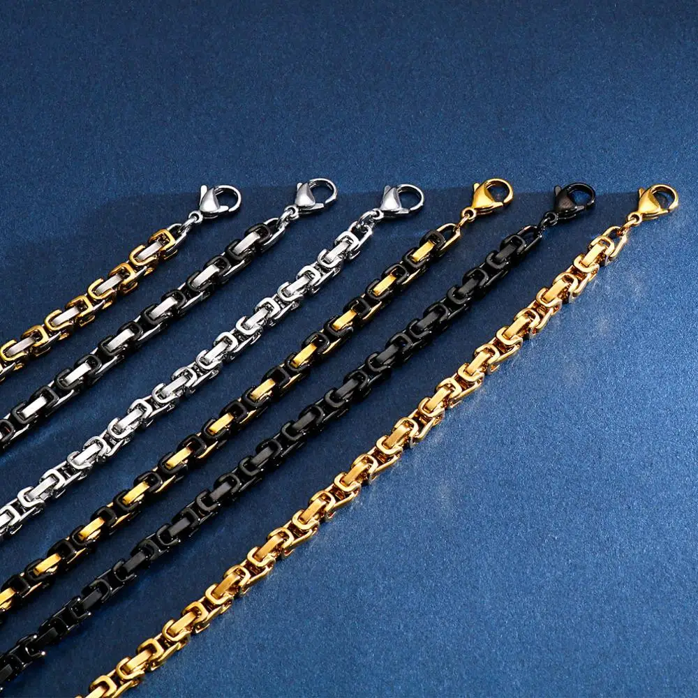 4/6/8mm Width Black & Gold Color Stainless Steel Byzantine Link Chain Necklaces For Men Rock Punk Style Cool Party Jewelry Gift