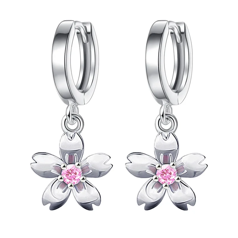 Boucles d'oreilles en Zircon rose/blanc pour femmes, Simple, en argent 925, bijoux en forme de fleurs de cerisier, tendance