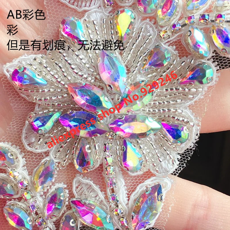 Hand-sewed AB Crystal Flower Trims For Dancing Costume Clothes Decoration Luxurious Glass Rhinestone Applique For Dress Garments